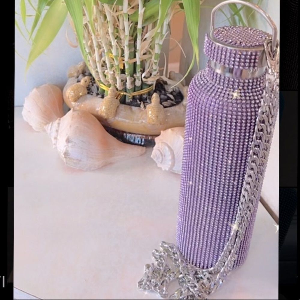 Lavender Rhinestone Water Bottle with Clear Stunning  Crystal & Detachable Chain